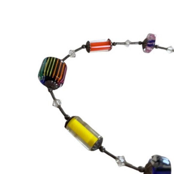 Sterling Silver Beaded Choker Rainbow Art Glass Necklace Modernist Jewelry Artsy - Picture 13 of 13